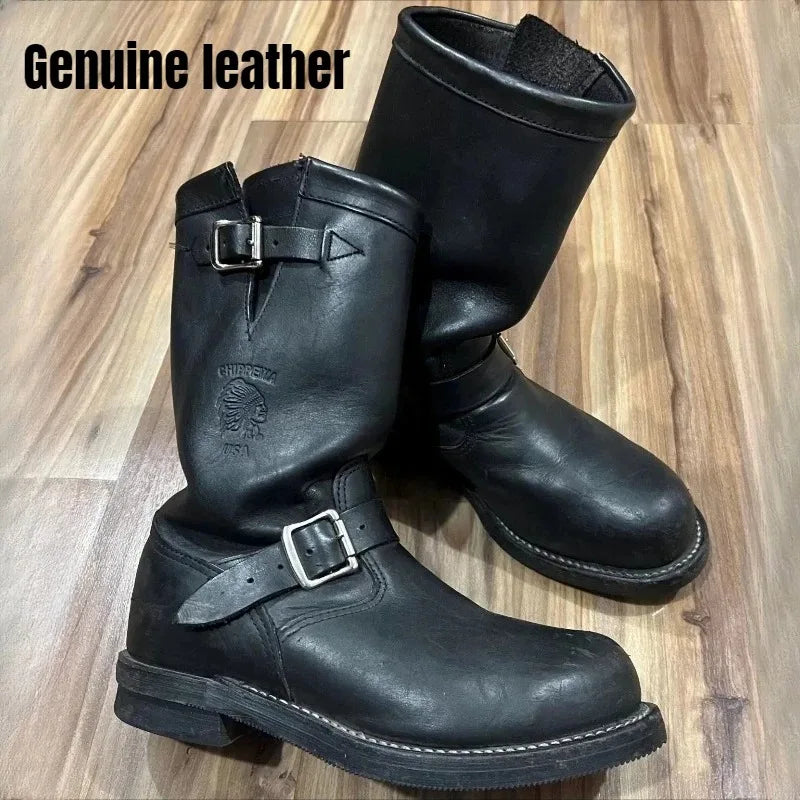 Dark Brown Suede Work Boots Men's and Women's Engineer Ort Shoes American Retro Moto Boots Faded Mid-Calf Shoes Motocross Boots