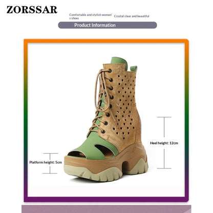 Women's Peep Toe Wedge Boots Summer Hollow Out Lace Up Side Zipper Platform Wedge Heel Breathable Fashion Retro Casual Shoes
