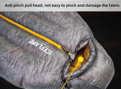 ICE FLAME Camping Mummy Gray Down Sleeping Bag Outdoor Ultralight 10D Unisex Sleeping Bag Traveling Hiking Mountain Climbing