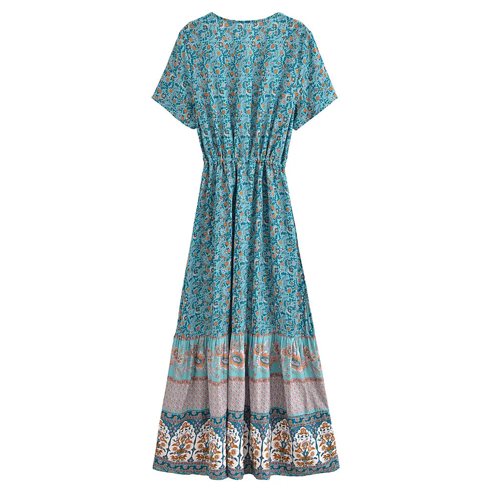 Boho Queens  Vintage Floral Print Sashes Beach Robe Bohemian Maxi Sundress Robe Ladies Cross V Neck Happie Dress Vestidos