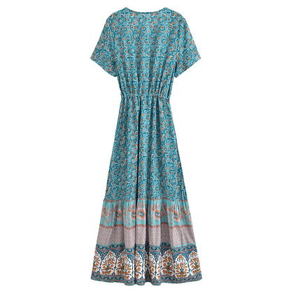 Boho Queens  Vintage Floral Print Sashes Beach Robe Bohemian Maxi Sundress Robe Ladies Cross V Neck Happie Dress Vestidos