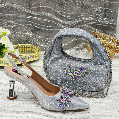 Venus Chan Olive-Green Pointed-Toe Women's High Heels Shoes and Bags for Party Rhinestone Evening Elegant Luxury Handbag