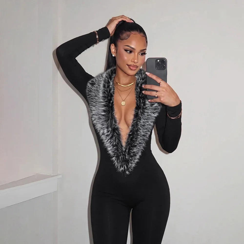 FLARORA Sexy Faux Fur Patchwork Capri Jumpsuits Woman Deep V Neck Full Sleeve Skinny Peach Hip Midnight Party Clubwear Overalls