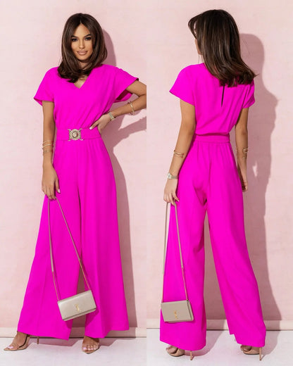 Fashion V-neck Short Sleeve High Waist Jumpsuit Women 2026 Summer Solid Wide Leg Elegant Romper Vintage Jumpsuits Overalls Women