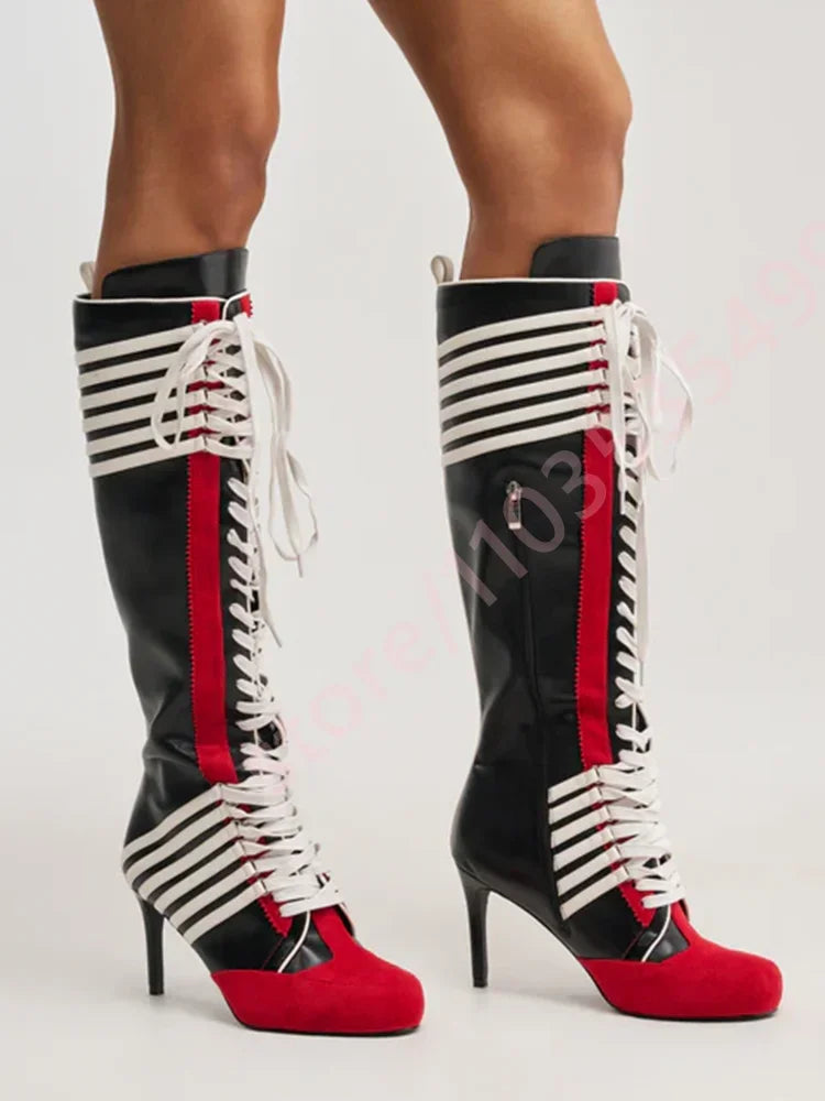 Black Red Color Block Striped Knee High Boots Women 2026 New Full Lace Up Thin Stiletto High Heel Fashion Streetwear Long Boots