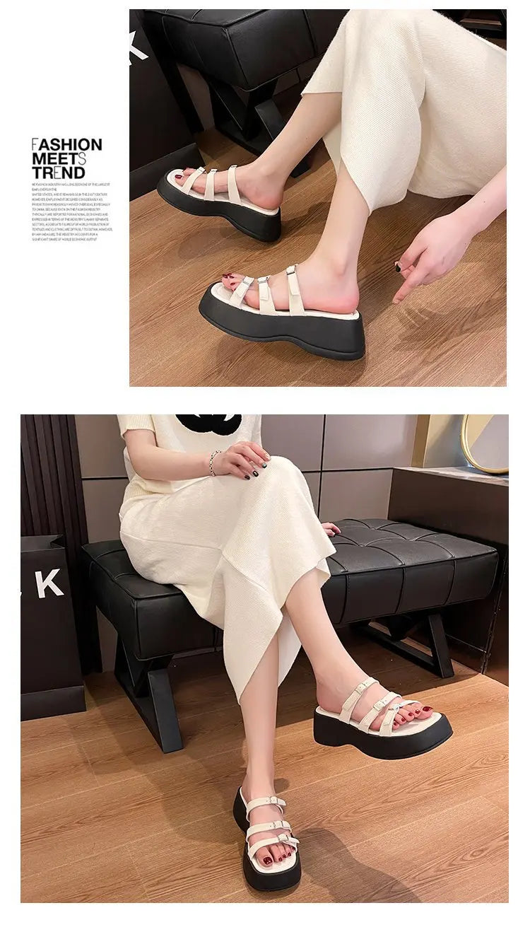 Women Thicken Soled Buckle Strap Sandals Platform High Heel Shoes Ladies Cut-Out Slippers Open Toe Flipflops Silver Beach Slides