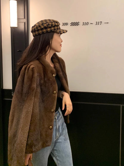 HDHOHR 2026 New100% Real Mink Fur Coat Women Fashion Essential Natural Mink Coat Warm Short Leather Outerwear Winter Fur Jacket