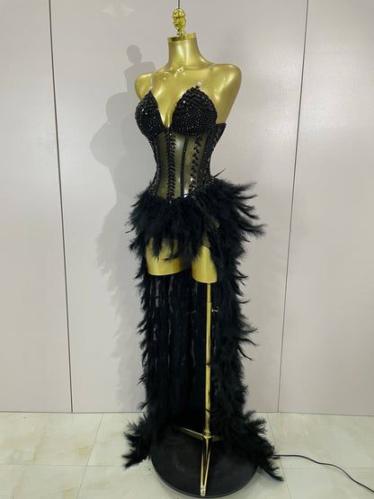 Sparkly Rhinestones Feathers Long Tail Bodysuits Sexy Mesh Transparent Stage Dress Evening Party Celebrate Luxury Birthday Dress