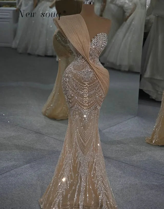 Long Formal Champagne Mermaid One Shoulder Evening Dresses Customized Sleeveless Sparkle Beaded Wedding Gala Prom Night Gowns