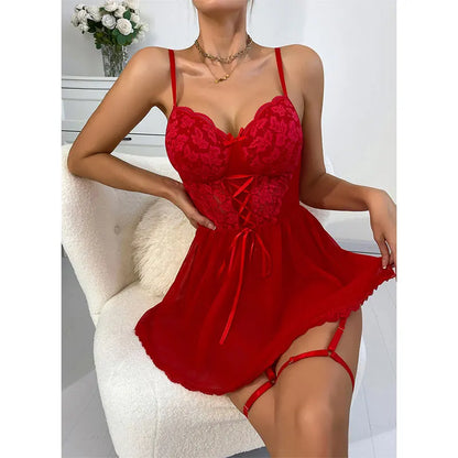 Transparent Red Seamless Sexy Lace Women's One-piece Romantic And Passionate Nightgown Straps Bodysuits Chic Patchwork Jumpsuits