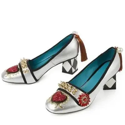 royal red heart crystal rivets Studs Pumps back pearl with tassel rhombus Square Heel Women Slip On mary jane Shoes