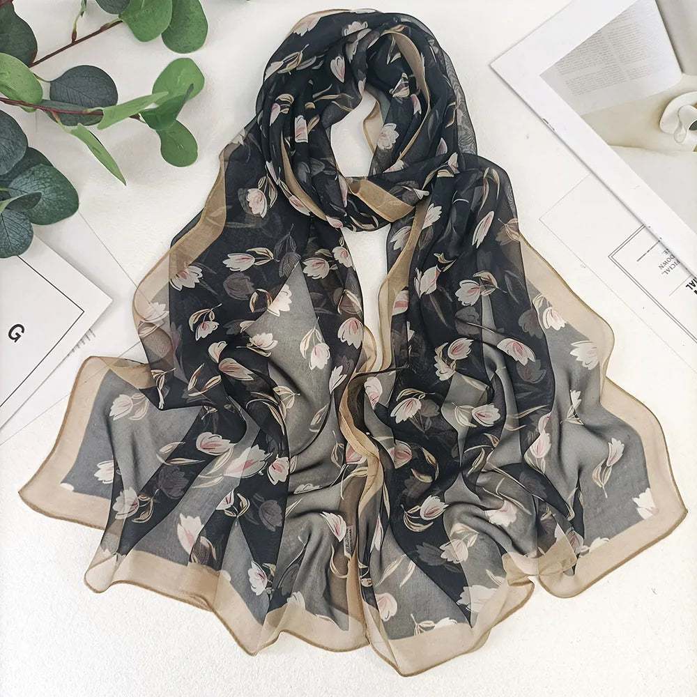 Magnolia Flower Print Women Elegant Chiffon Georgette Bandana Scarf Summer Beach Sunscreen Thin Hijab Headband Shawl