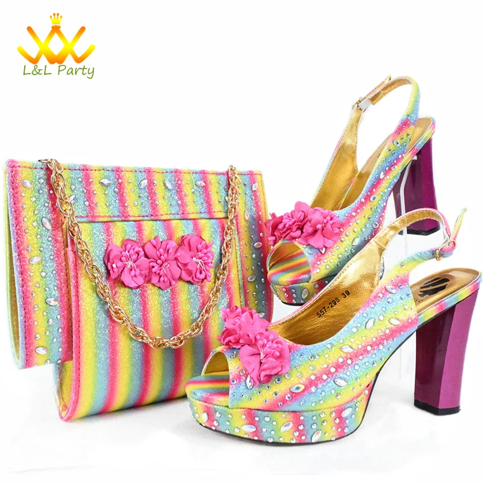 High Quality 2024 Summer New Design in Purple Color Mature Style Italian Women Shoes and Bag Set with Platform for Wedding Party
