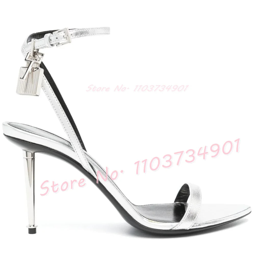 Metal Heel Lock Metallic Leather Sandals Female Luxury Open Toe Stiletto High Heels Shoes Lady Elegant Party Ankle Strap Sandals