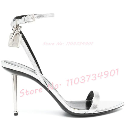 Metal Heel Lock Metallic Leather Sandals Female Luxury Open Toe Stiletto High Heels Shoes Lady Elegant Party Ankle Strap Sandals