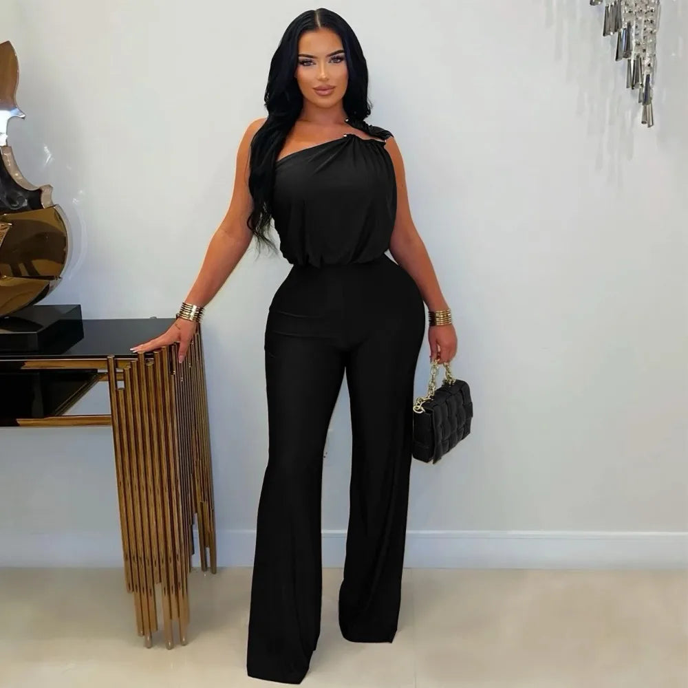 HLJ Winter New Sexy Bodycon Jumpsuits Woman Solid Color Off Showlder Metal Buckle Patchwork Rompers Female Streetwear Overalls