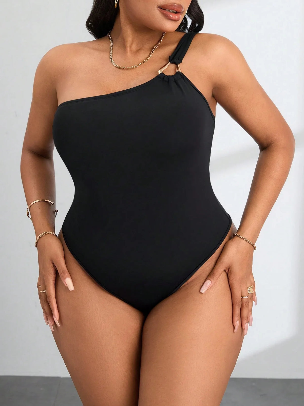 Plus-Size Women's Jumpsuit Sexy One-Shoulder Gold Ring Detail Solid Color Waist-Defining Pants Slimming Shaping One-Piece