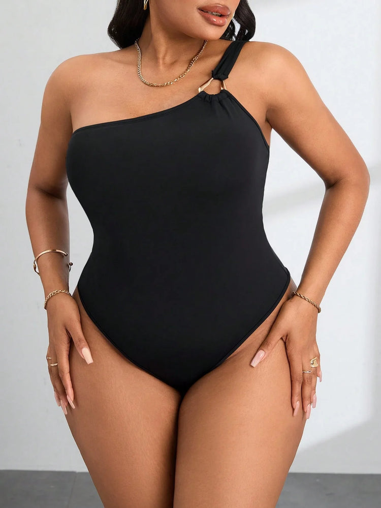 Plus-Size Women's Jumpsuit Sexy One-Shoulder Gold Ring Detail Solid Color Waist-Defining Pants Slimming Shaping One-Piece