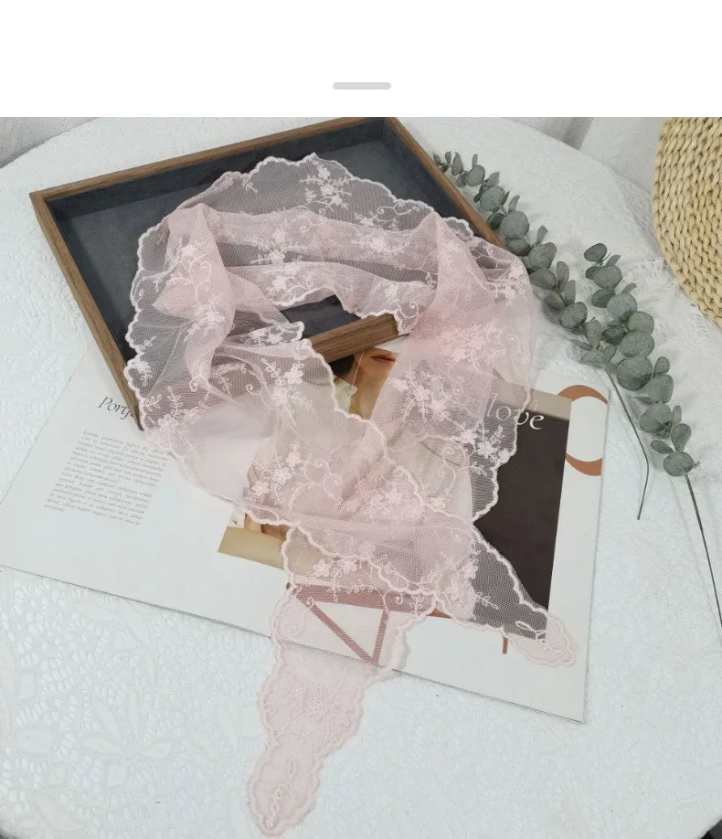 Lace Embroidered Silk Scarf Women's Long Neck Versatile Triangle Decorative Headscarf Korean Version Literary Yarn Shawl