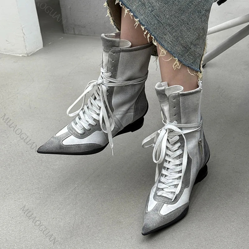Fashion Strange Heel Women Knight Boots Pointed Toe Retro High Heel Ankle Booties Female Cross-tied Street Style Comfort Shoes