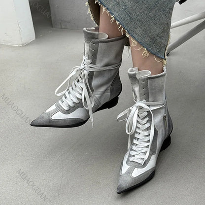 Fashion Strange Heel Women Knight Boots Pointed Toe Retro High Heel Ankle Booties Female Cross-tied Street Style Comfort Shoes