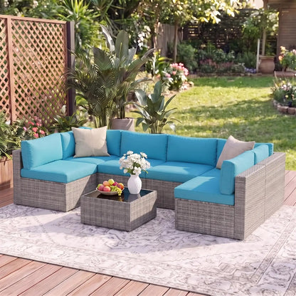 7 Pieces Wicker Outdoor Patio Furniture Set | Patio Sectional Sofa with Coffee Table, All-Weather Outdoor Sectional, Custom