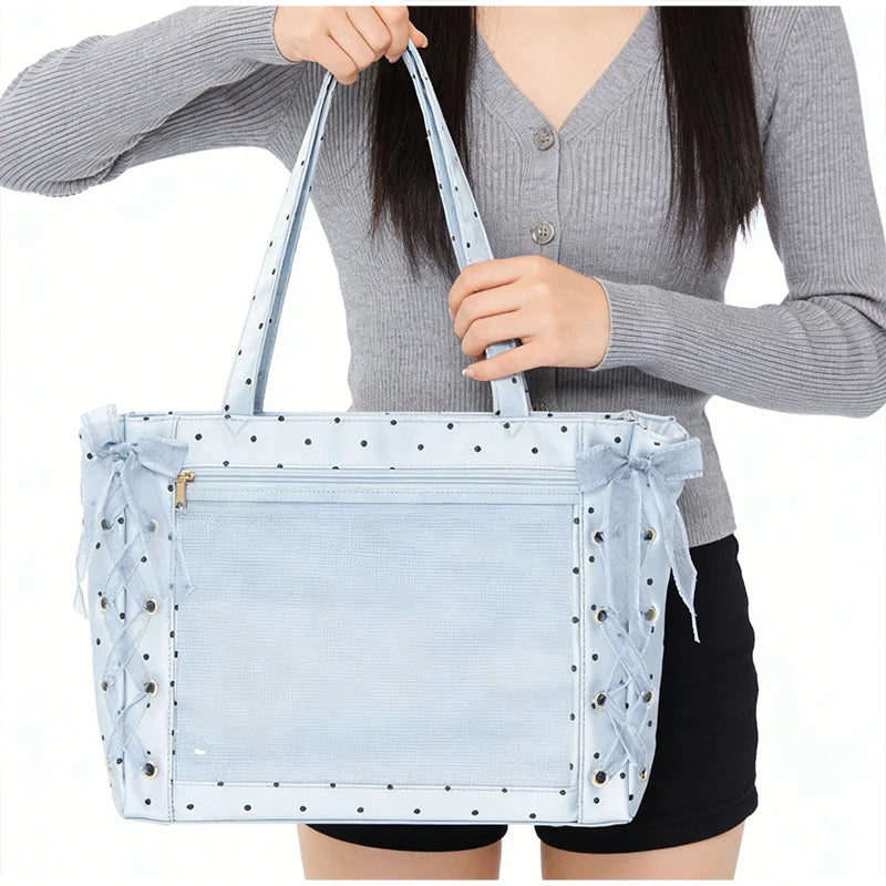 Sweet College Style Ribbon Ita Bag Women Fashion Shoulder Bags Large Capacity Tote Bag For Daily Commuting Transparent Handbag