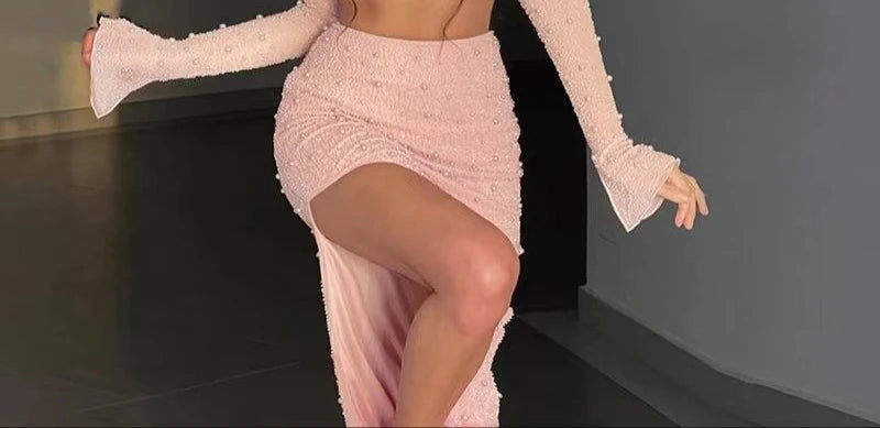 Luxury Y2k Bodycon Sexy Two-piece Set Skirt Sets Sequins Pearls Women Outfits Evening Party Gowns Chic Dresses Short Suits White