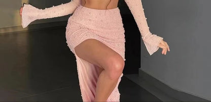 Luxury Y2k Bodycon Sexy Two-piece Set Skirt Sets Sequins Pearls Women Outfits Evening Party Gowns Chic Dresses Short Suits White
