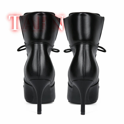 Women's Stitching Lace-Up Short Boots Pointed Toe Stiletto Breathable Casual Party Sports Boots High-heeled Plus Size Shoes 47
