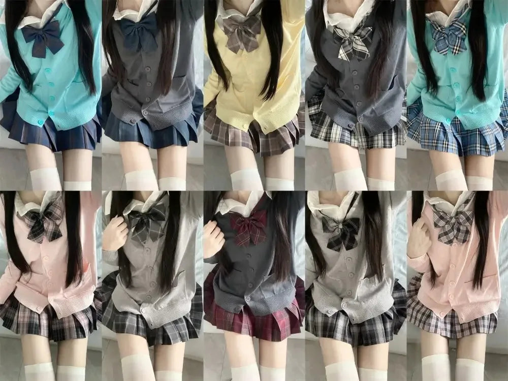 3Pc Set Japanese Korean School Uniforms Multicolor Sweater&Plaid Pleat Skirt with Bow Jk Uniform Suit Graduation Costumes Women
