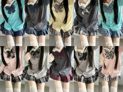 3Pc Set Japanese Korean School Uniforms Multicolor Sweater&Plaid Pleat Skirt with Bow Jk Uniform Suit Graduation Costumes Women