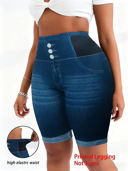 Plus Size Tummy Control Biker Shorts, Chic 3-Button Faux Denim Cycling Shorts, High Waist Slimming Yoga Bottoms for Curvy Women
