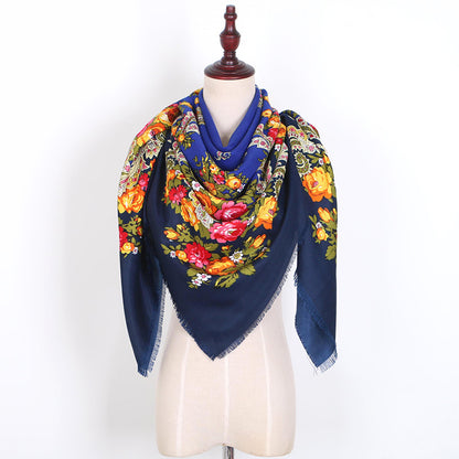 Russian Women Big Size Square Scarf Luxury Floral Print Bandana Wraps Female Retro Short Tassel National Shawl