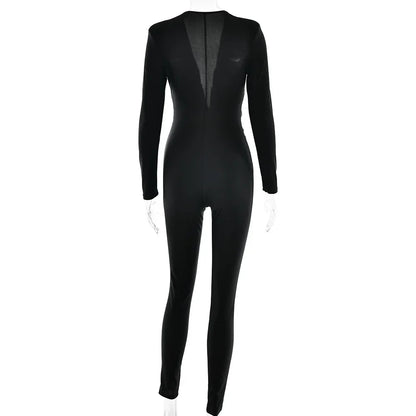 2025 Spring Deep V Neck Long Sleeve Skinny Jumpsuits Women Rompers Elegant Black High Waist Ruched Slim Sexy Jumpsuit Outfits