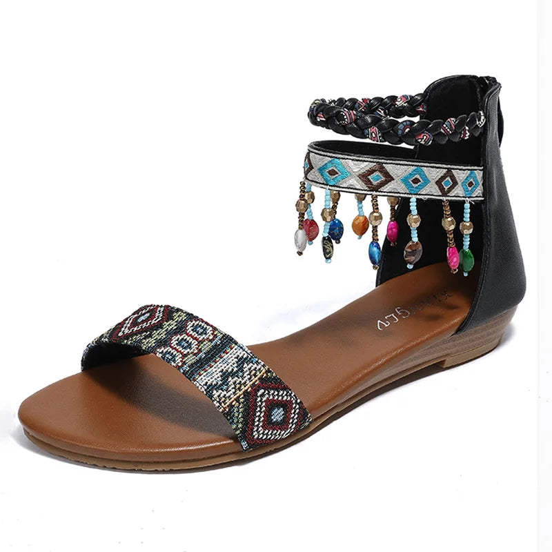High quality leather flat sandals for women 2.5cm low heel vintage print new summer 2026 36 42 open toe casual shoe black brown