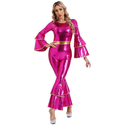 Womens 70S Disco Vintage Jumpsuit Metallic Shiny Flare Sleeve Bodysuit Hippie Bell Bottom Jazz Dance Carnival Rave Party Costume