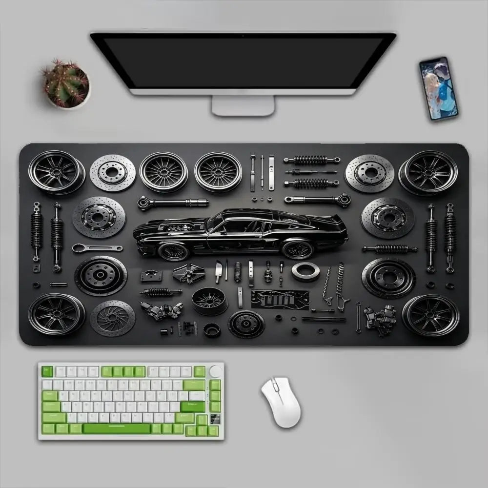 Car Parts Assembly Large Mouse Pad Retro Muscle Car Black Metal Texture Desk Mat Gaming Keyboard Pad Non-slip Office Table Mat