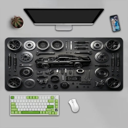 Car Parts Assembly Large Mouse Pad Retro Muscle Car Black Metal Texture Desk Mat Gaming Keyboard Pad Non-slip Office Table Mat