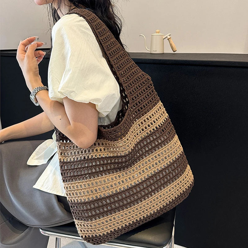 Wool Plush Woven Women Shoulder Bags Ladies Stripe Designer Knitted Braid Handbags Tote Summer Beach Shopper Purses