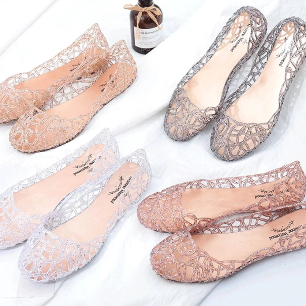 Comfortable Flat-soled Women Sandals Clear Shallow Mouth Beach Jelly Shoes Breathable Hollow Out Bling Sandals Footwear