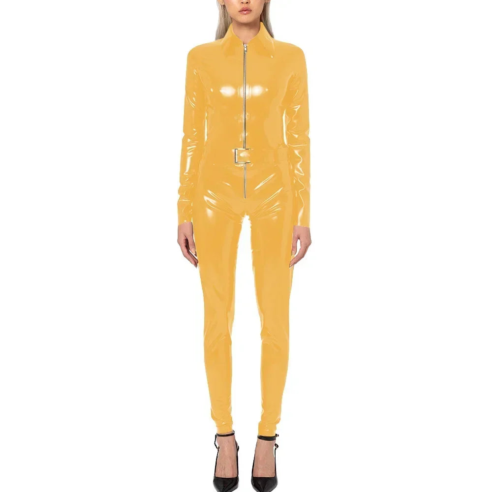 Plus Size Faux Latex Catsuit Elastic PVC Leather Zipper Long Sleeve Jumpsuit Tight Sexy Cosplay Rompers Ankle-length Club Zentai