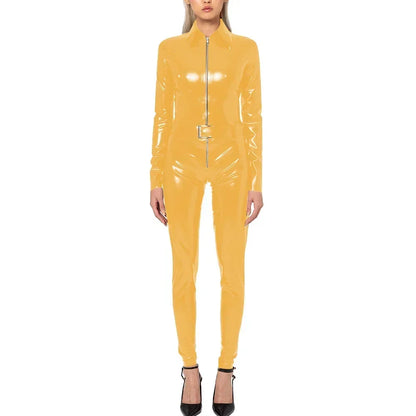 Plus Size Faux Latex Catsuit Elastic PVC Leather Zipper Long Sleeve Jumpsuit Tight Sexy Cosplay Rompers Ankle-length Club Zentai