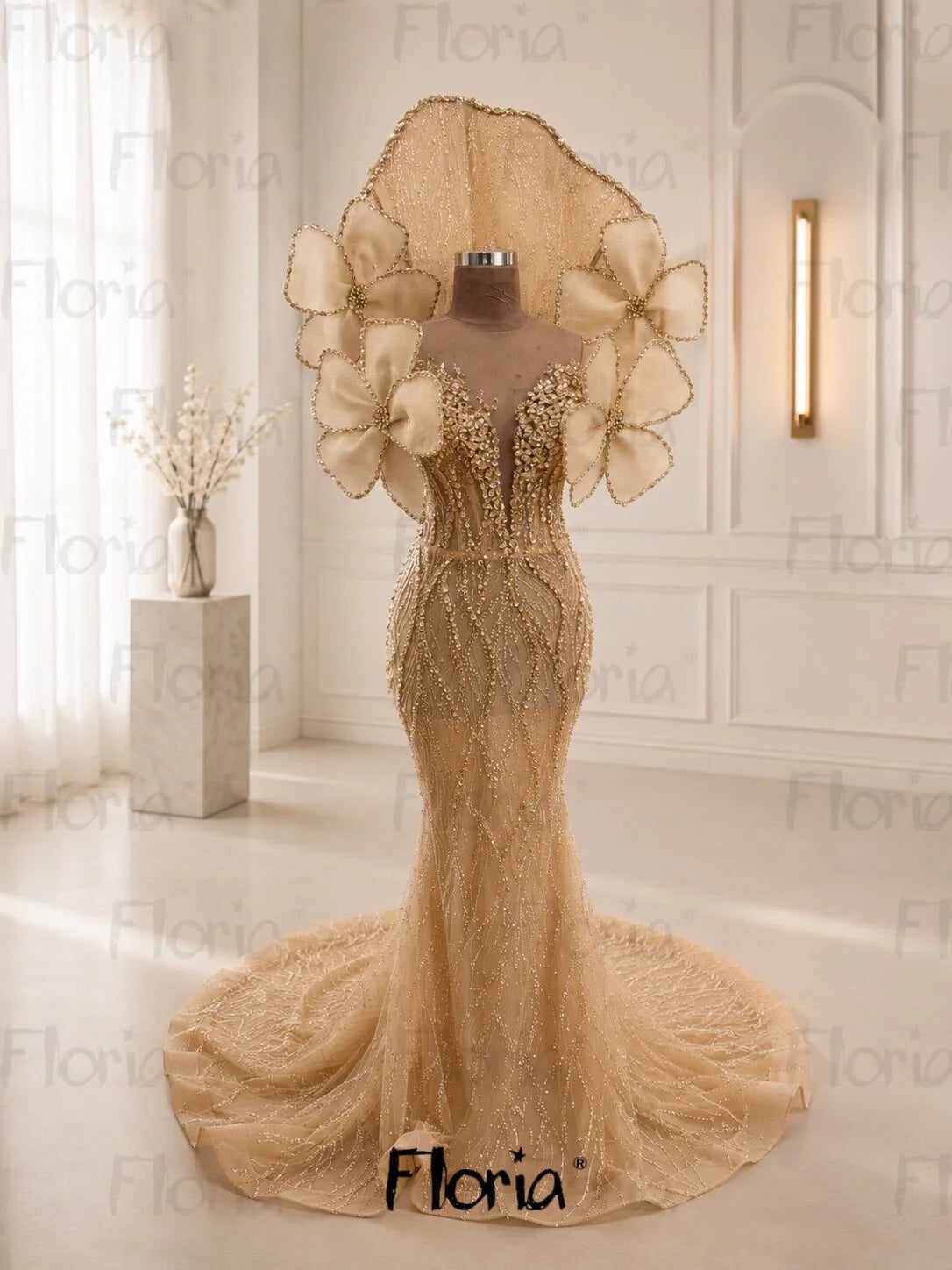 2026 Modern Champagne Prom Dress Women's Formal Wedding Party Gowns Customized Sweep Train Mermaid Celebrity Dress 3D Leaf Gown