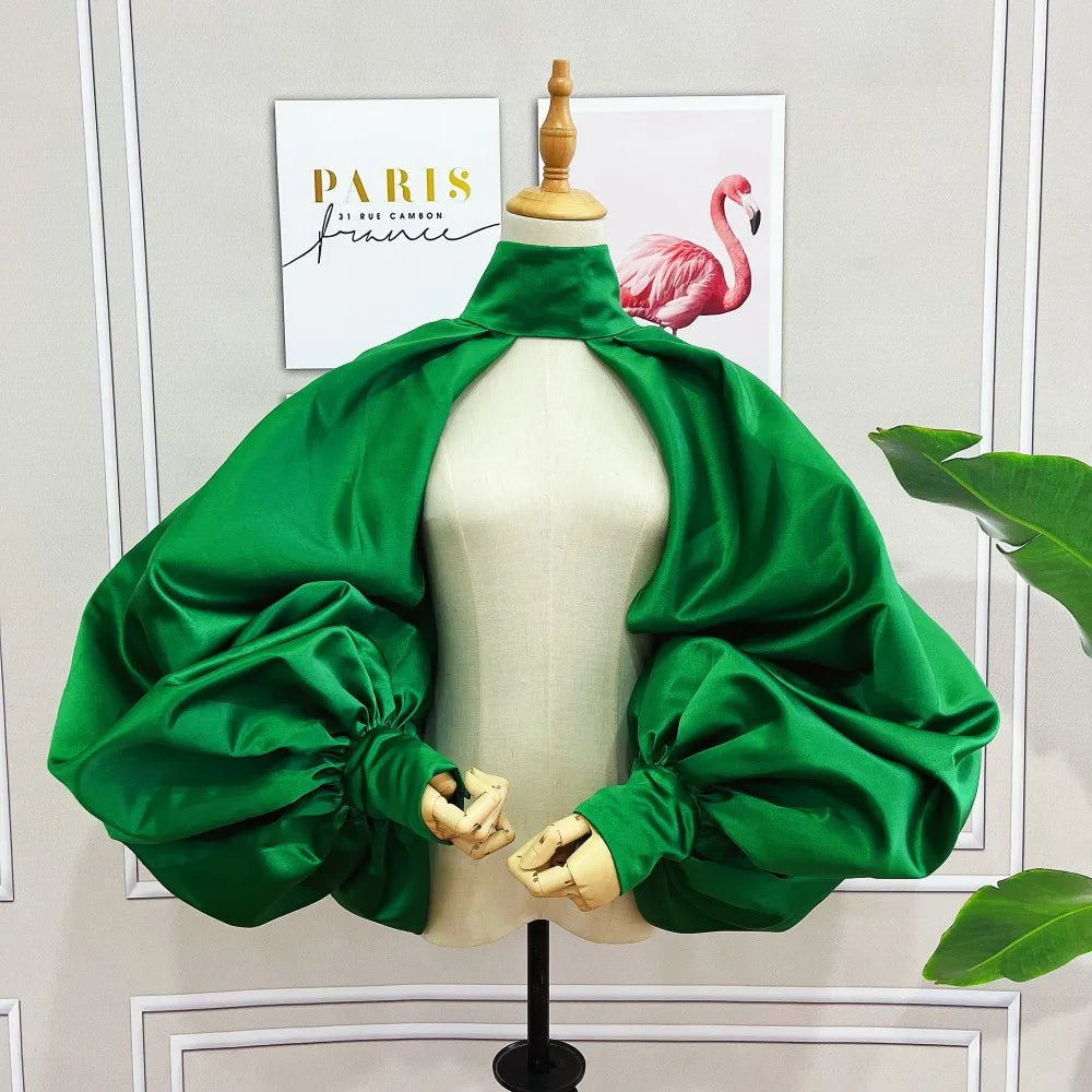 Puffy Sleeves Satin Bolero Topper Blouse Cover Arms Fashion Green Jacket Cloak Short Shawl High Neck With Buttons Customize
