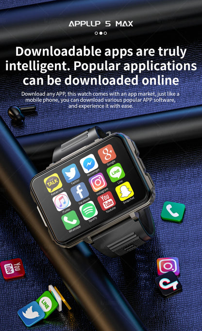 LOKMAT APPLLP 5 MAX  Android Watch Phone Square Big Screen Wifi 4G Calls Smartwatches Dual Camera with Flashlight Gaming Watch