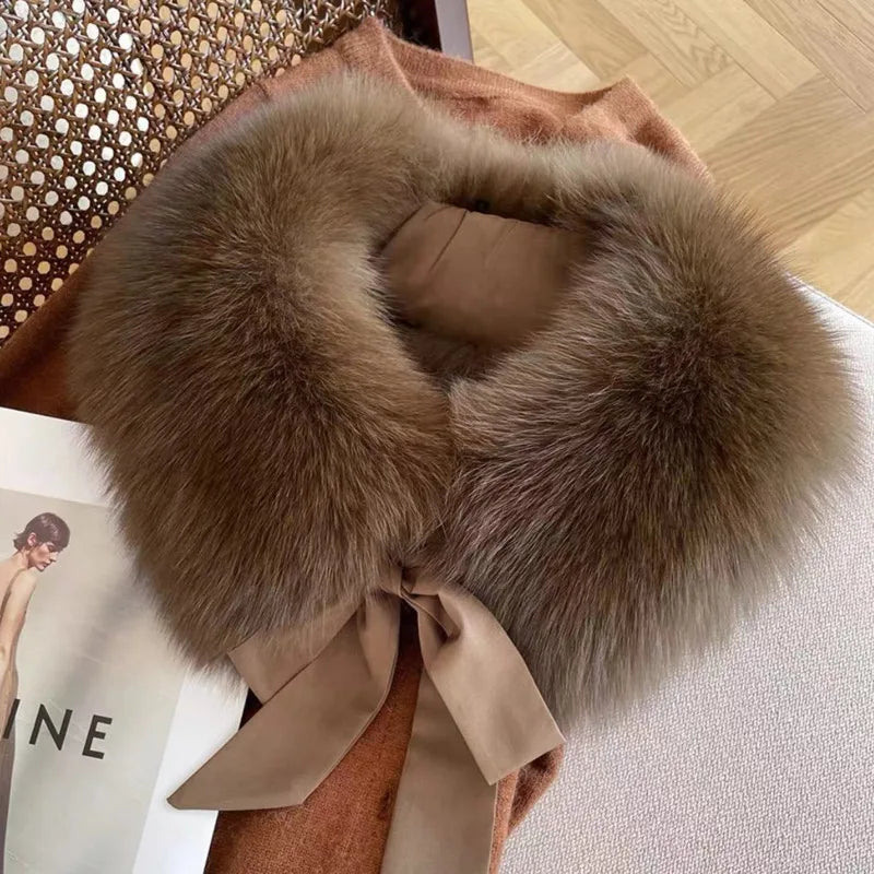 Winter Warm Fox Fur Collar Female Real Fur Collar Fashion Fluffy Clothing Accessories Collar Women Luxury Fur Scarf With Ribbons