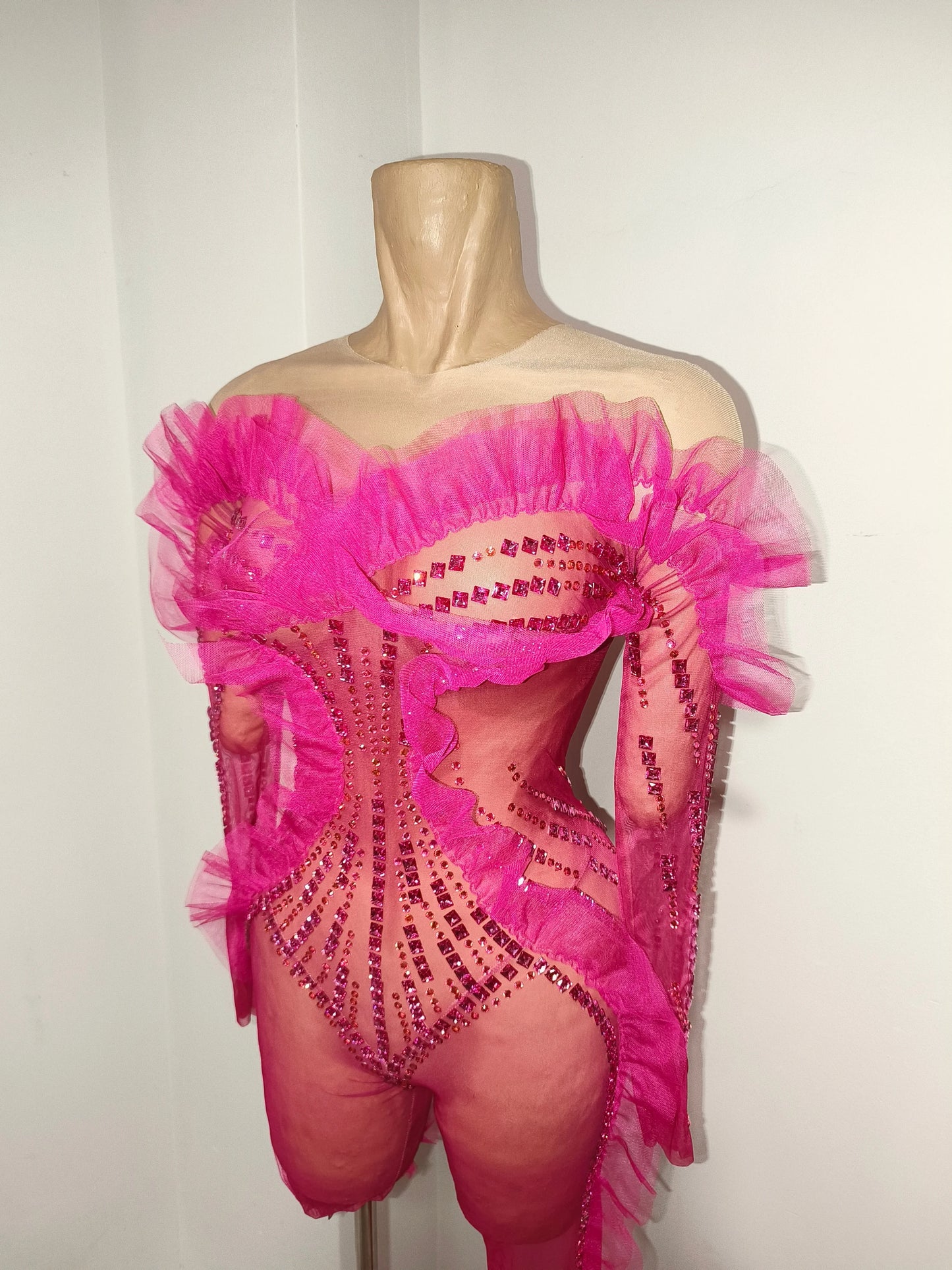 Luxury Rhinestone Mesh Bodysuit Ruffle Frill and Asymmetrical Design Formal Events Photoshoots Stage Performance Party Outfit