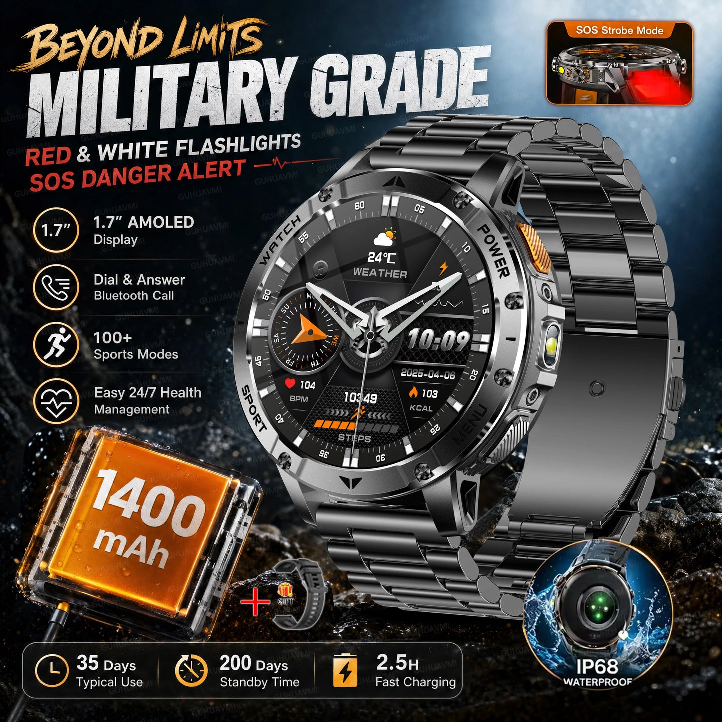 TANK Ultra Outdoor Smartwatch 1400mAh Battery Military Watches Waterproof Two-color Tactical LED Flashlight Men Sports Bracelet