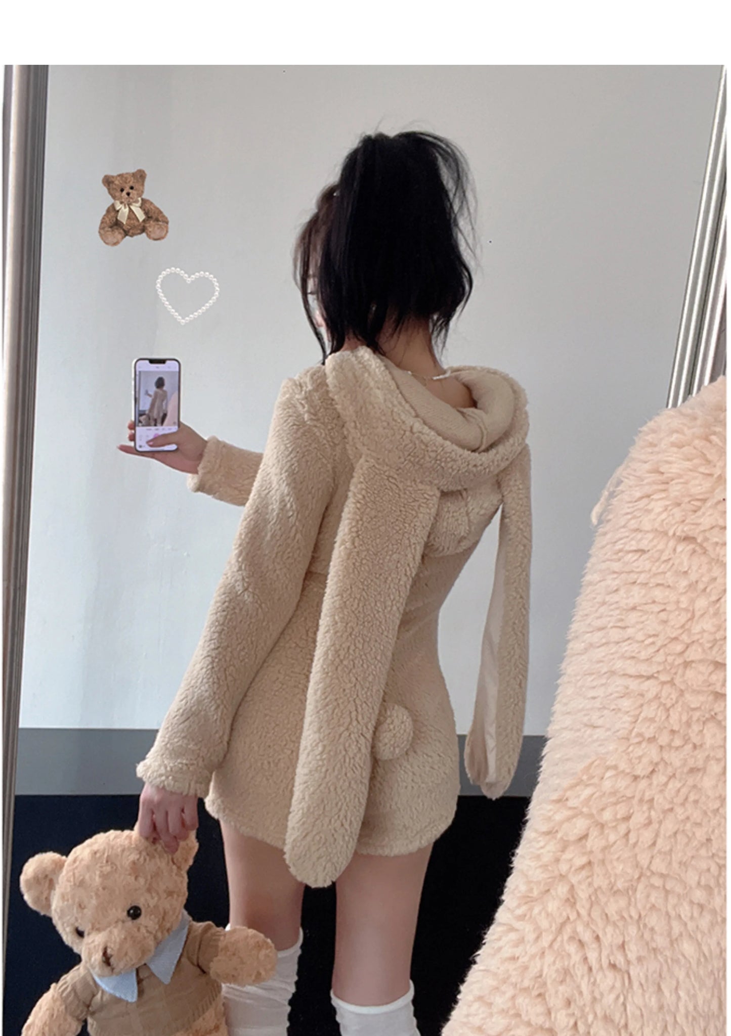 Pink Rabbit Hooded Fluffy Jumpsuits Sweet Zipper Long Sleeve Solid Color Rompers Flannel Onesie Shorts Pajamas Loungewear
